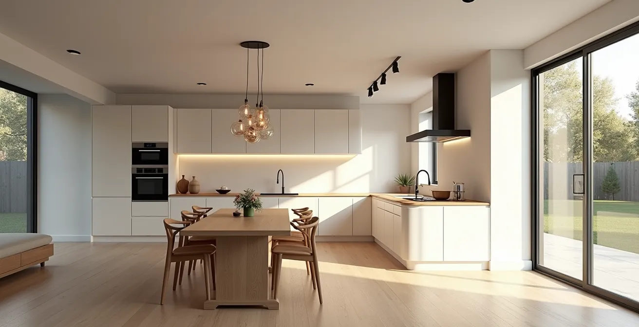 Espace ouvert montrant une transition harmonieuse entre cuisine et salle à manger