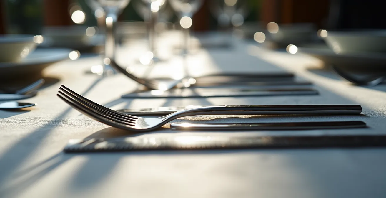 Vue latérale montrant l'alignement parfait des manches de couverts à distance égale du bord de table