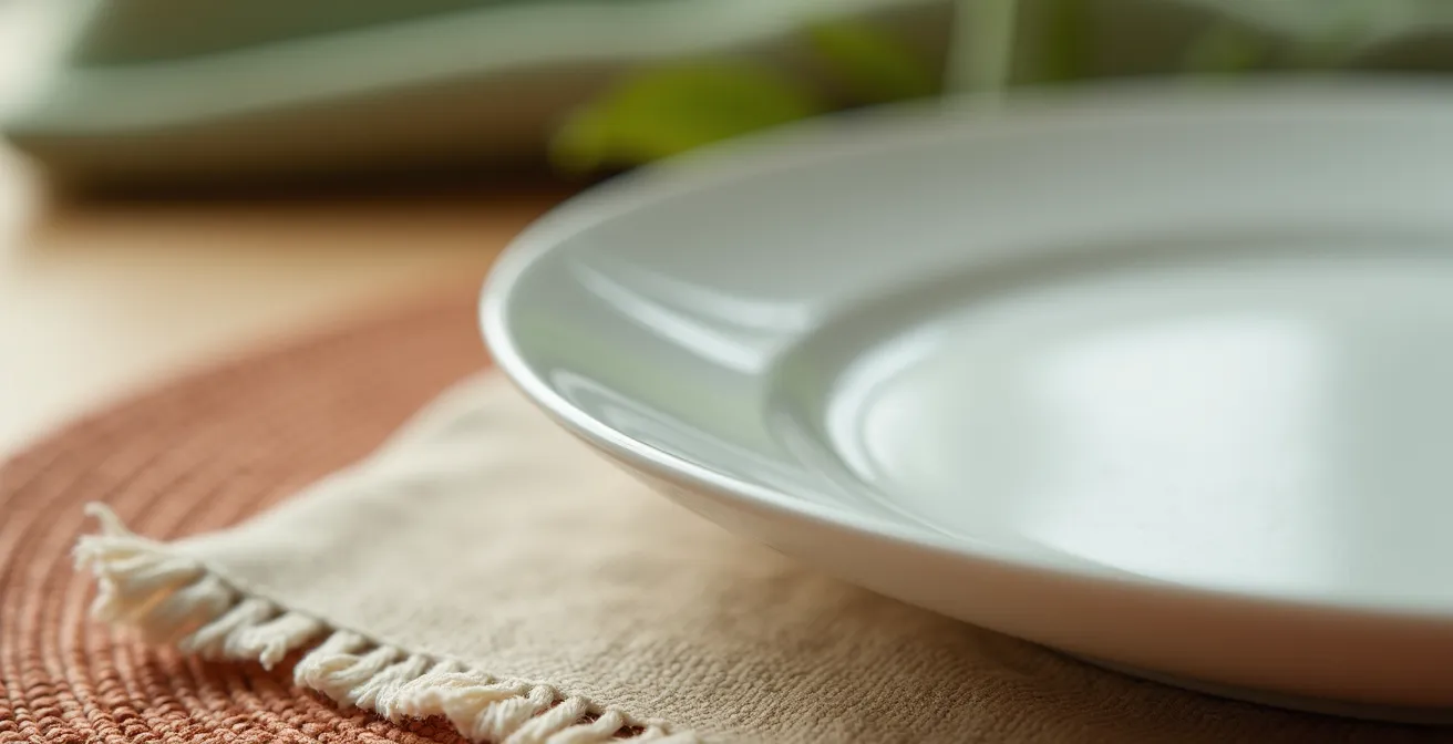 Service en porcelaine blanche sur chemin de table terracotta avec serviettes en lin