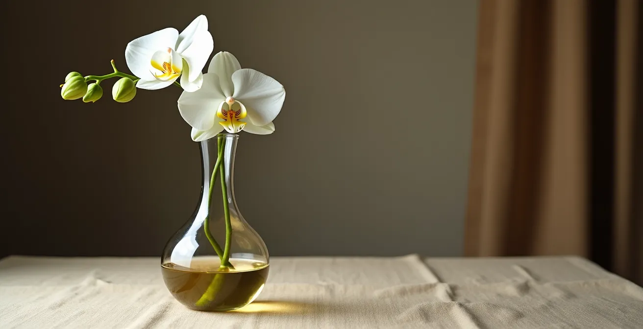 Carafe en verre transformée en vase avec une unique branche d'orchidée