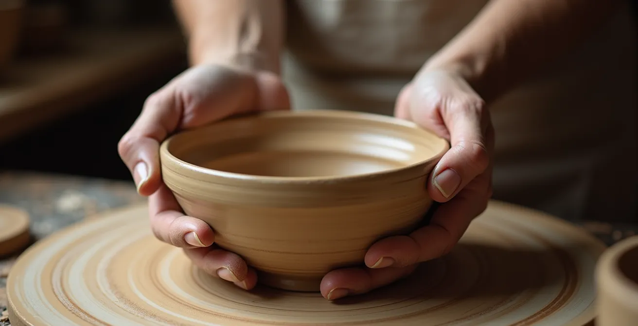 Vue rapprochée du dessous d'un bol montrant les traces circulaires du tour de potier et une signature gravée