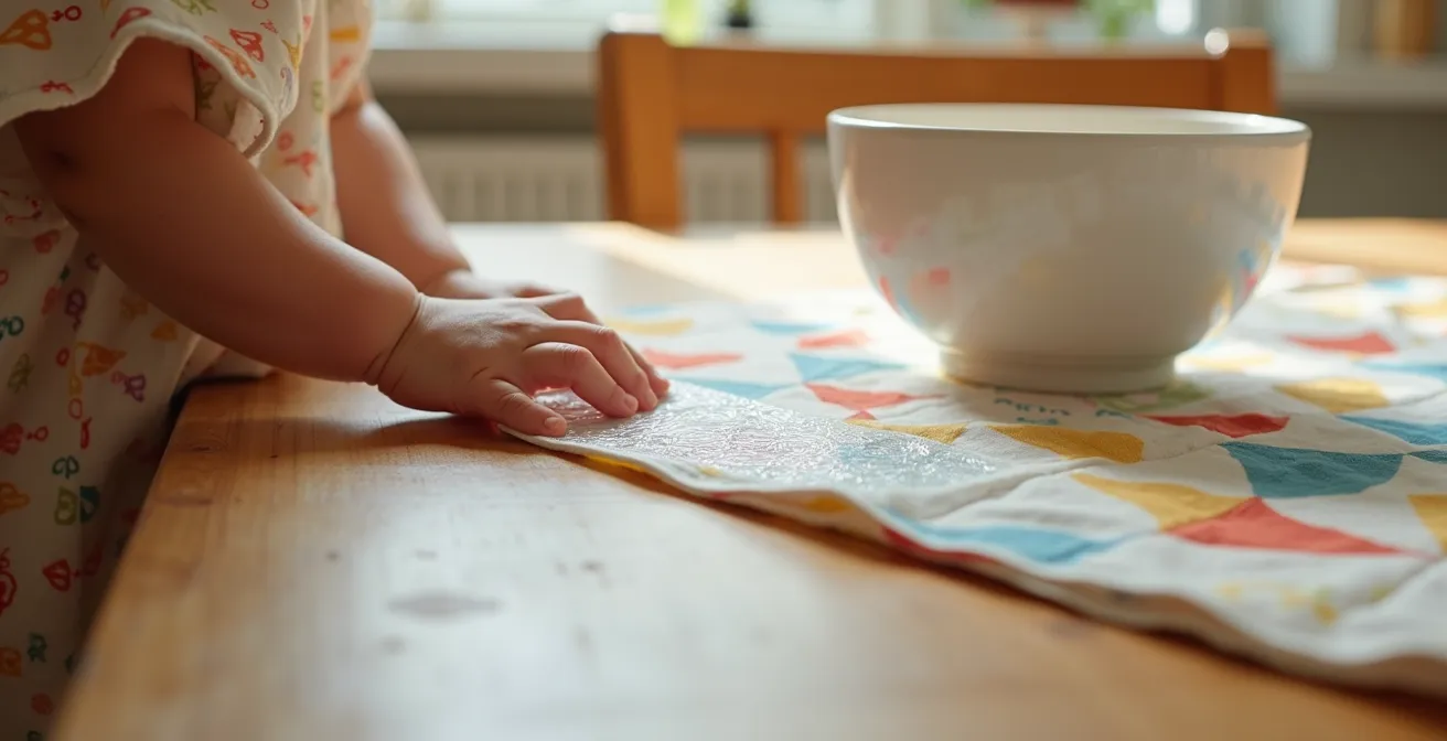 Coin de table en bois avec dispositif antidérapant transparent sous toile cirée