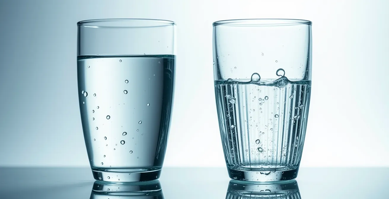 Gros plan sur deux gobelets à eau, l'un lisse et l'autre texturé côtelé, montrant les différences de surface