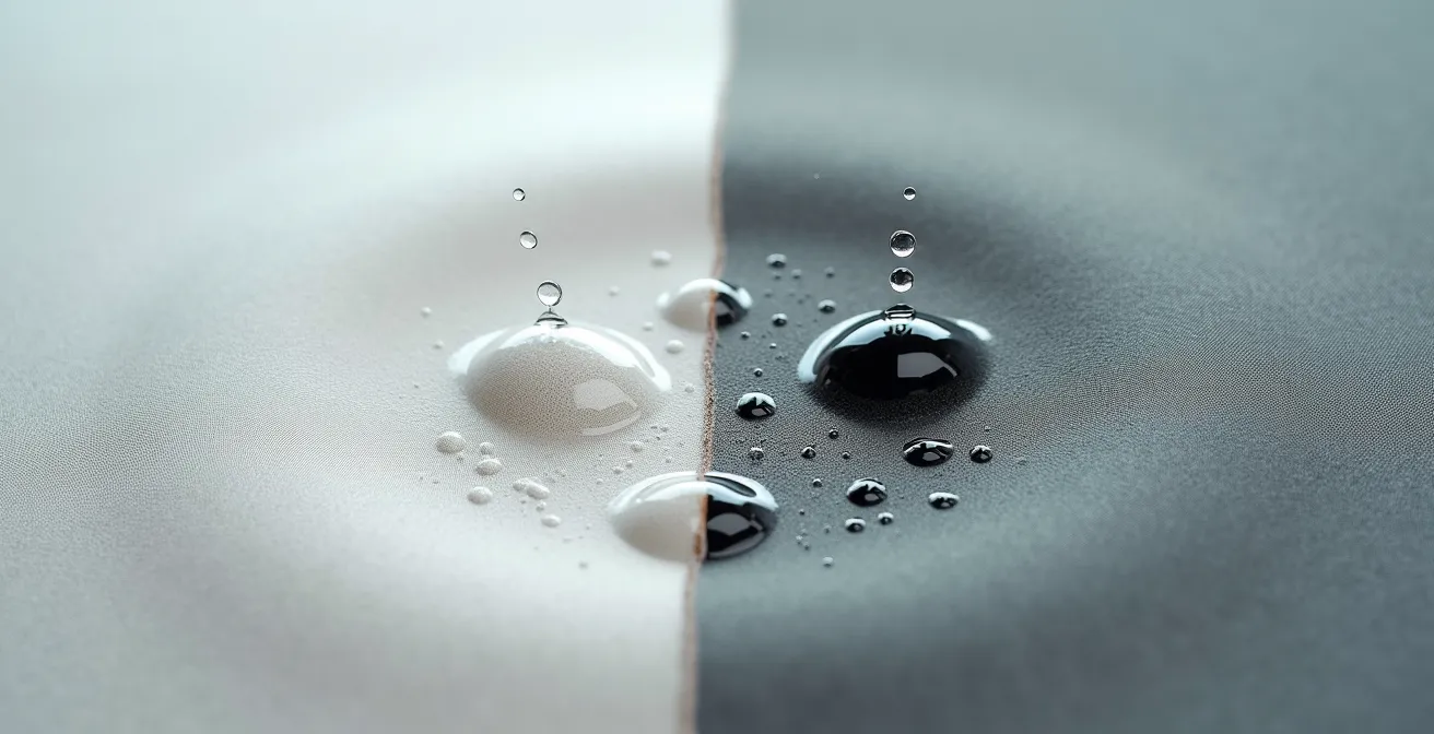 Comparaison côte à côte de gouttelettes d'eau perlant sur une nappe traitée versus absorbées sur une nappe non traitée