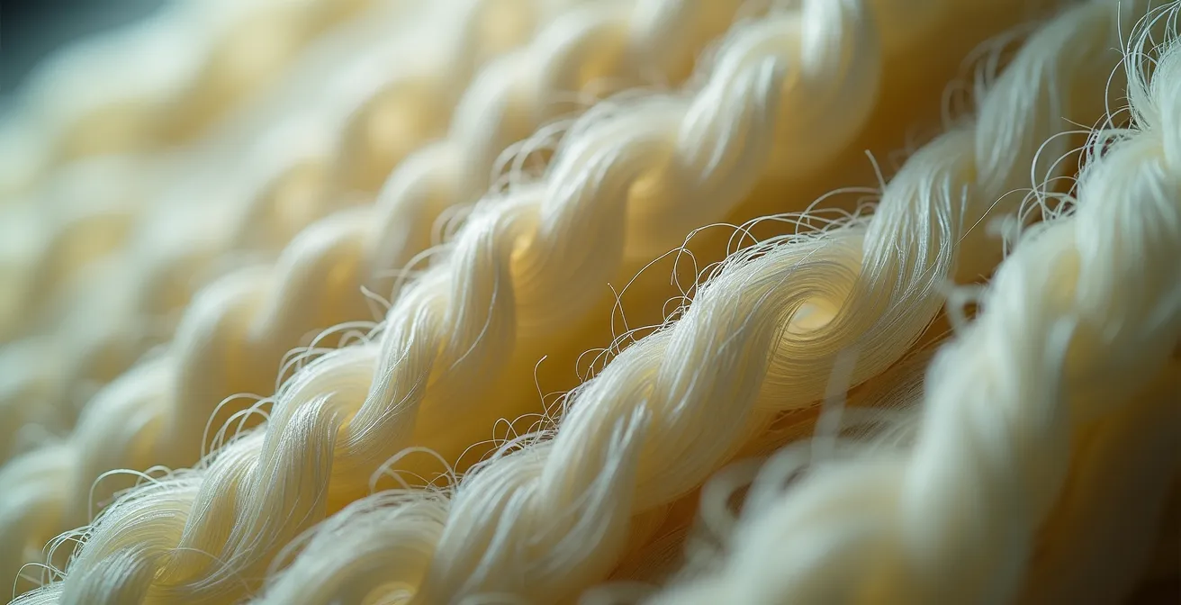 Détail macro de fibres textiles certifiées avec focus sur la texture naturelle