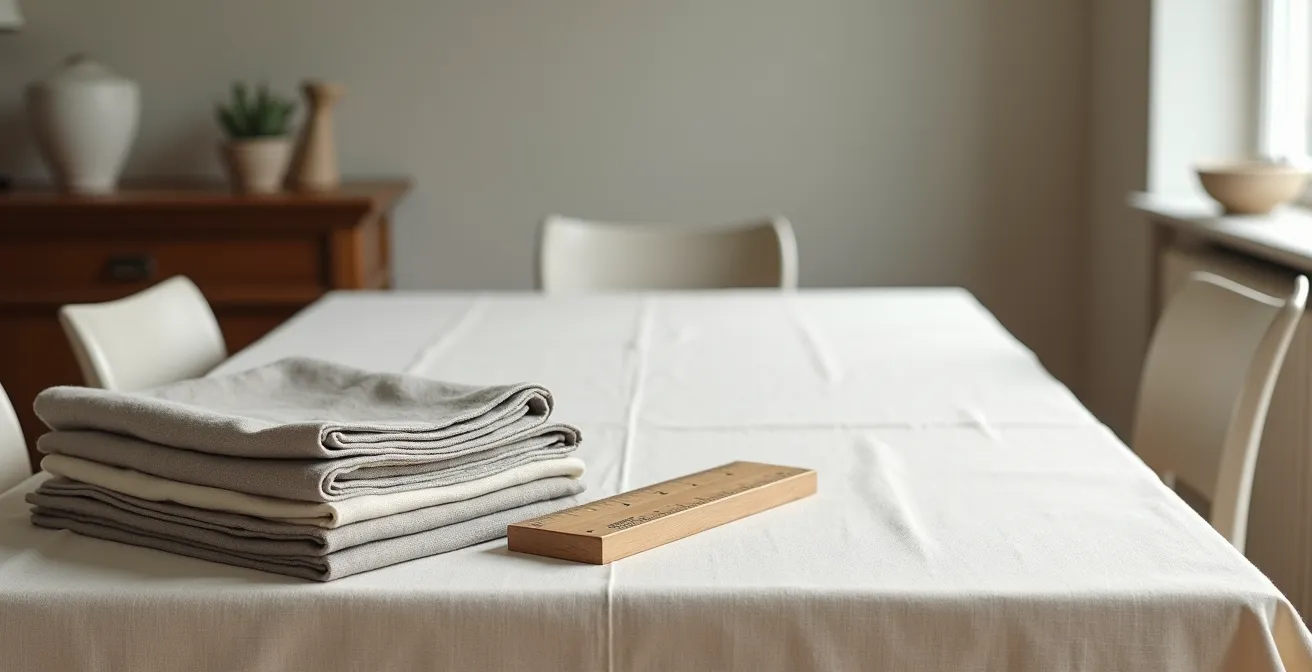 Table minimaliste avec nappes en lin naturel empilées et espace négatif évoquant la durabilité