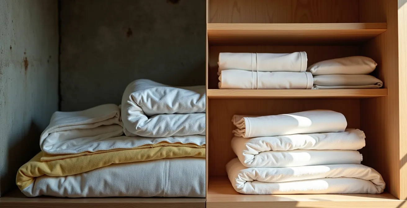 Comparaison visuelle entre stockage inadapté en cave humide et armoire ventilée idéale