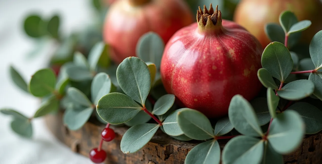 Composition décorative sans pollen avec feuillages variés et fruits d'hiver