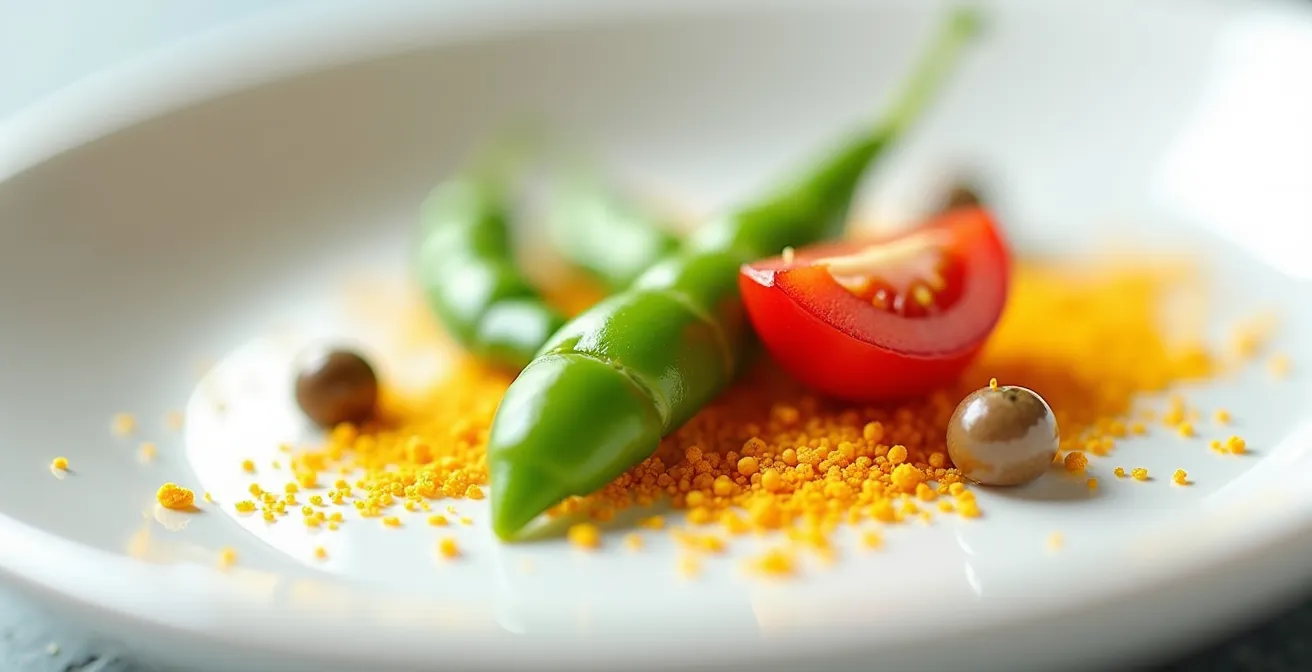Démonstration du contraste des couleurs alimentaires sur une surface de porcelaine blanche immaculée.