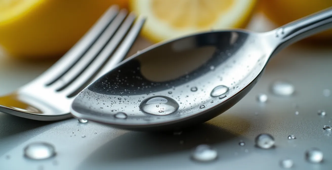 Couverts en inox retrouvant leur brillance après traitement au vinaigre blanc, gros plan sur les reflets