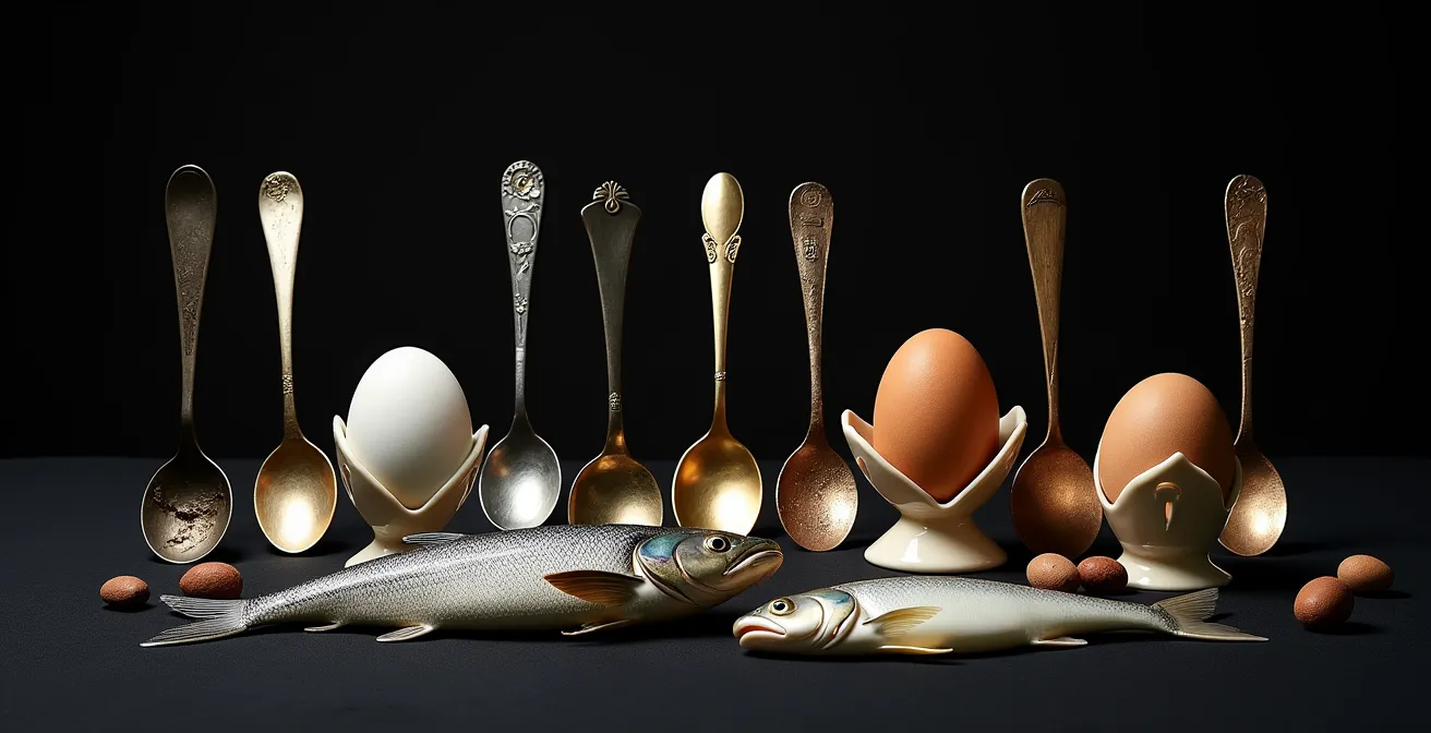 Nature morte montrant différents matériaux de cuillères avec aliments soufrés