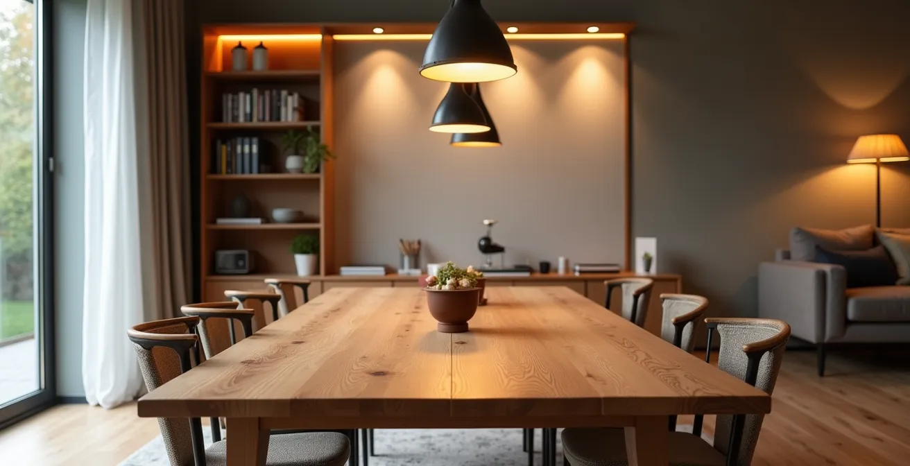 Délimitation subtile d'un coin repas dans un salon ouvert par l'éclairage et les matériaux