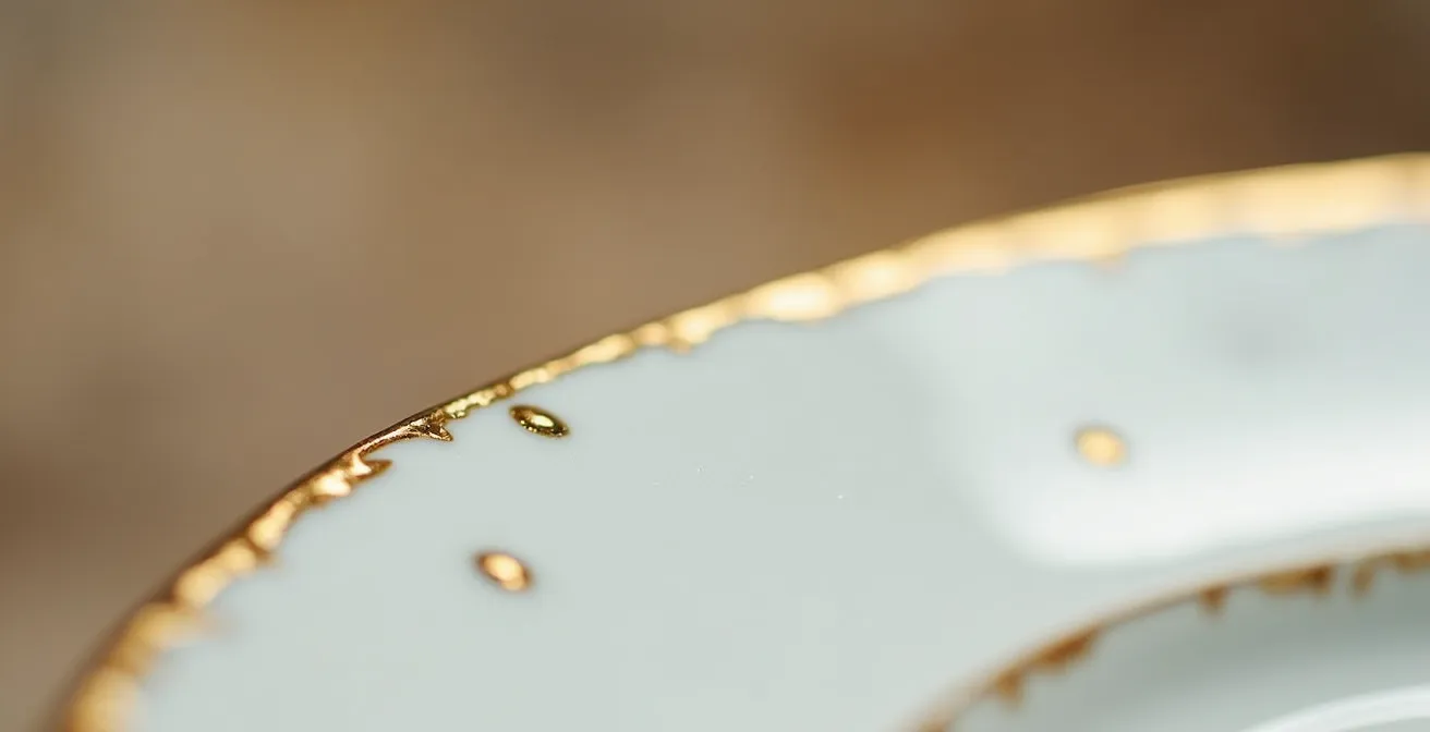 Vue macro d'un filet doré sur porcelaine montrant les détails de la dorure