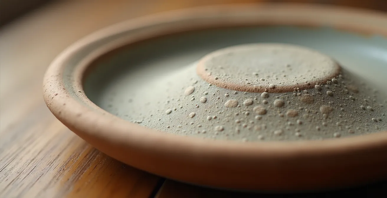 Vue macro du talon non émaillé d'une assiette en grès montrant la texture rugueuse