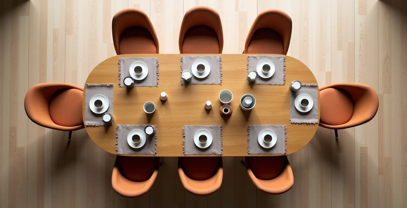 Vue aérienne d'une table à manger avec disposition ergonomique des chaises