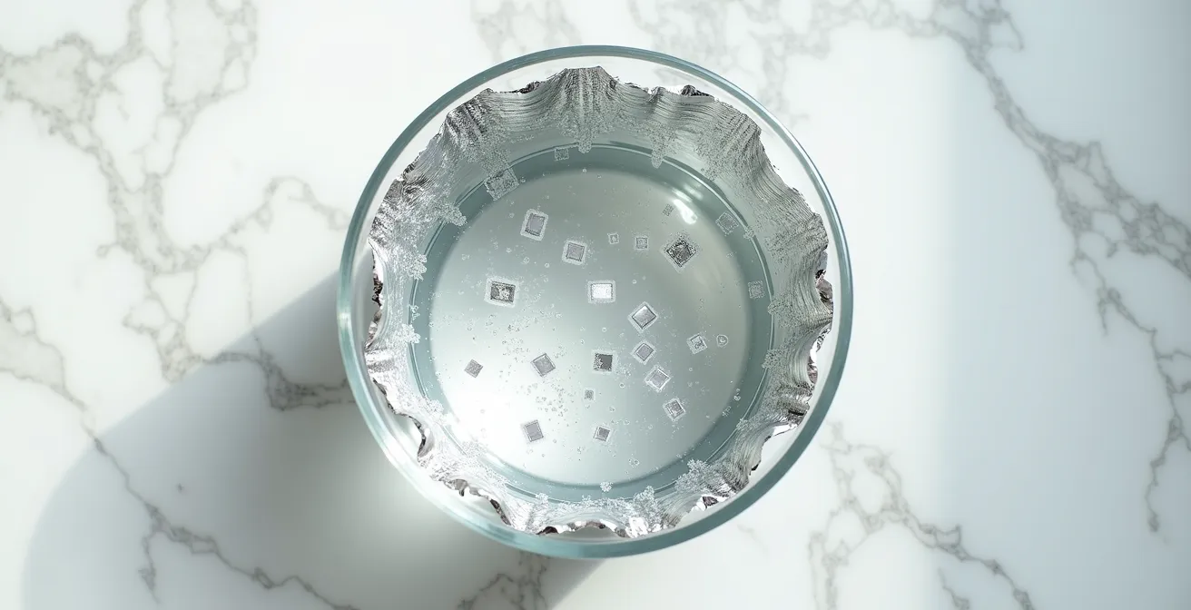 Bassine avec papier aluminium et argenterie immergée dans solution bicarbonate