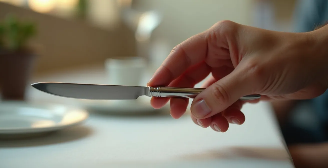 Démonstration de l'équilibre d'un couteau de table sur un doigt