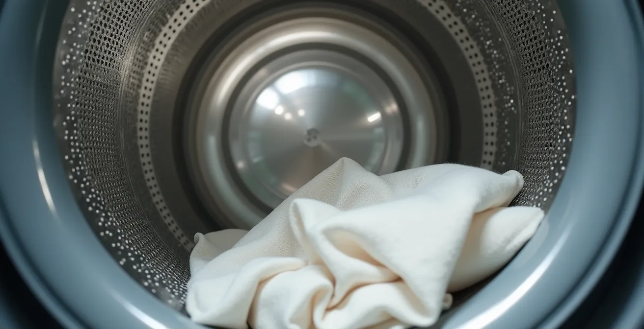 Vue intérieure d'un tambour de machine à laver avec nappe en lin délicatement positionnée