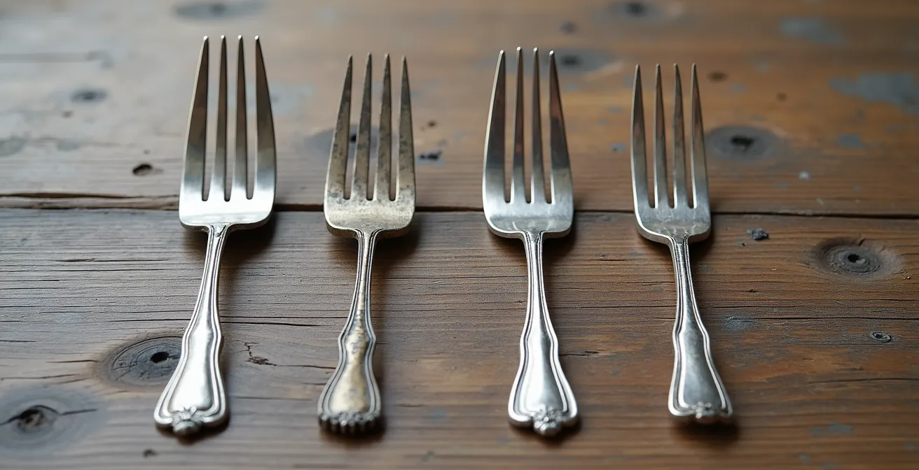 Composition artistique montrant l'évolution historique des fourchettes de 2 à 4 dents