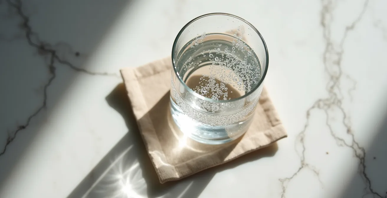 Vue en plongée d'un gobelet d'eau froide sur un sous-verre en lin avec des gouttes de condensation visibles