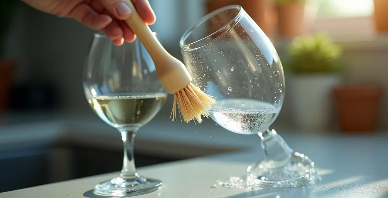 Goupillon souple en action dans un verre à pied étroit