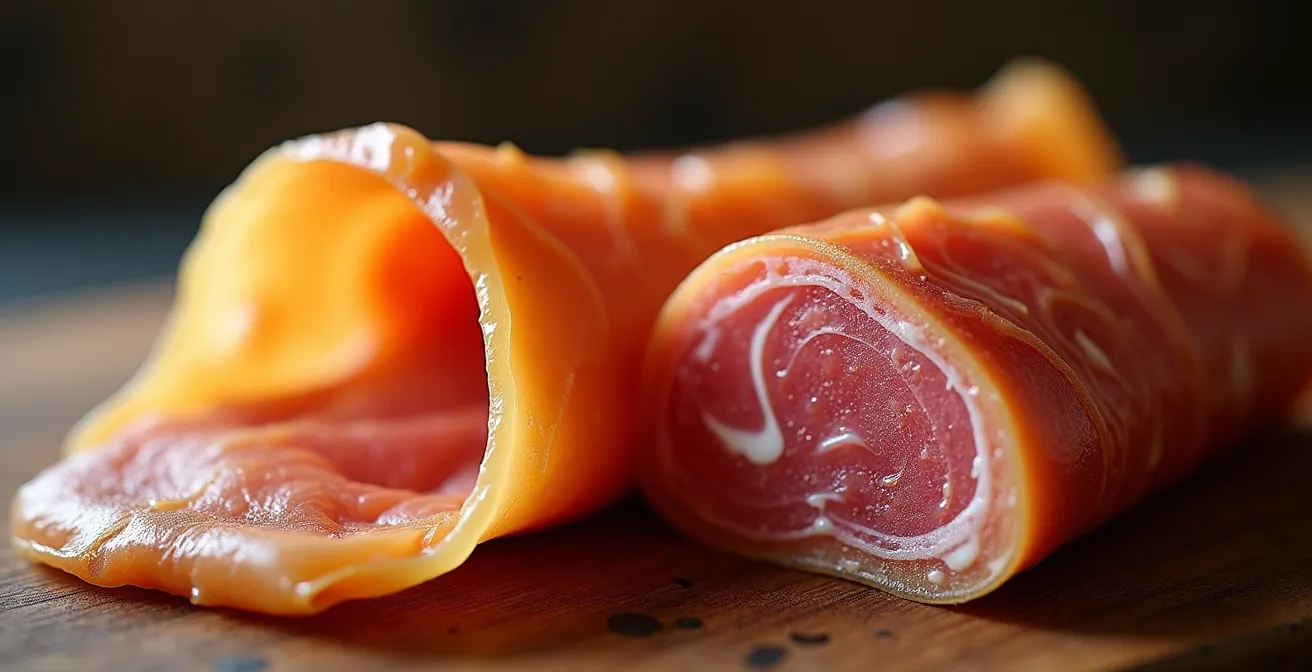 Vue macro comparative d'une chiffonnade fine et d'une tranche épaisse de jambon cru montrant les différences de texture
