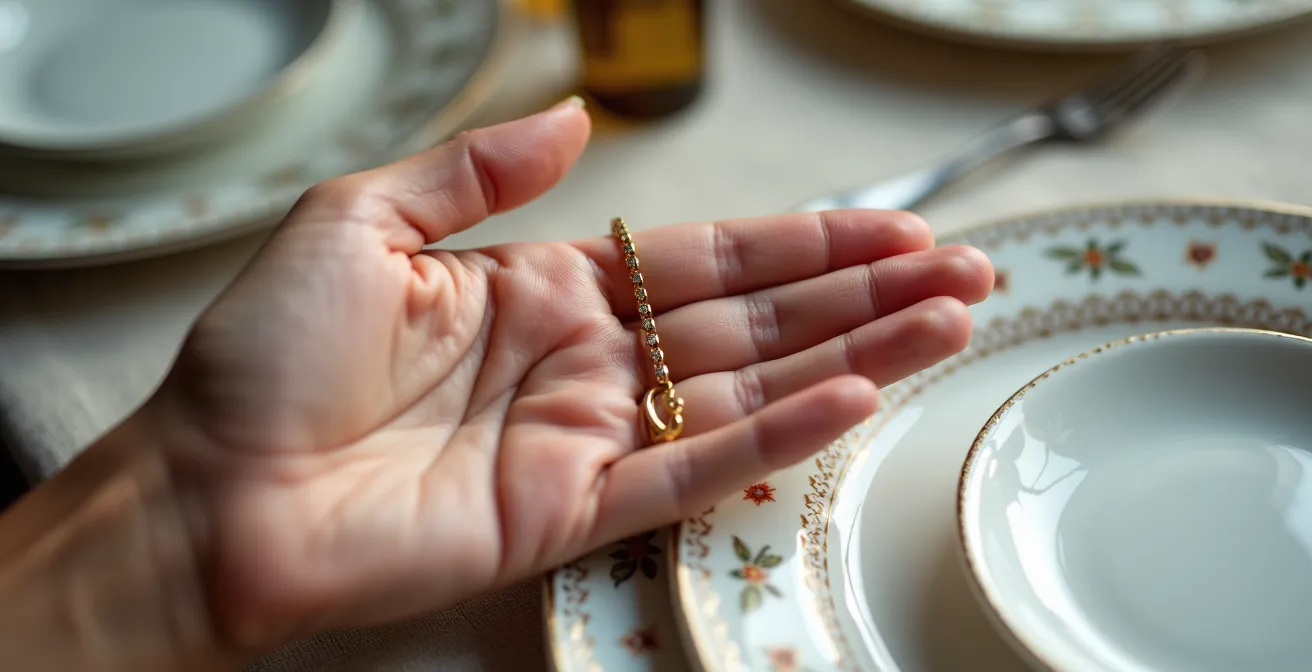 Gros plan sur une main mesurant l'espace entre deux assiettes sur une table dressée