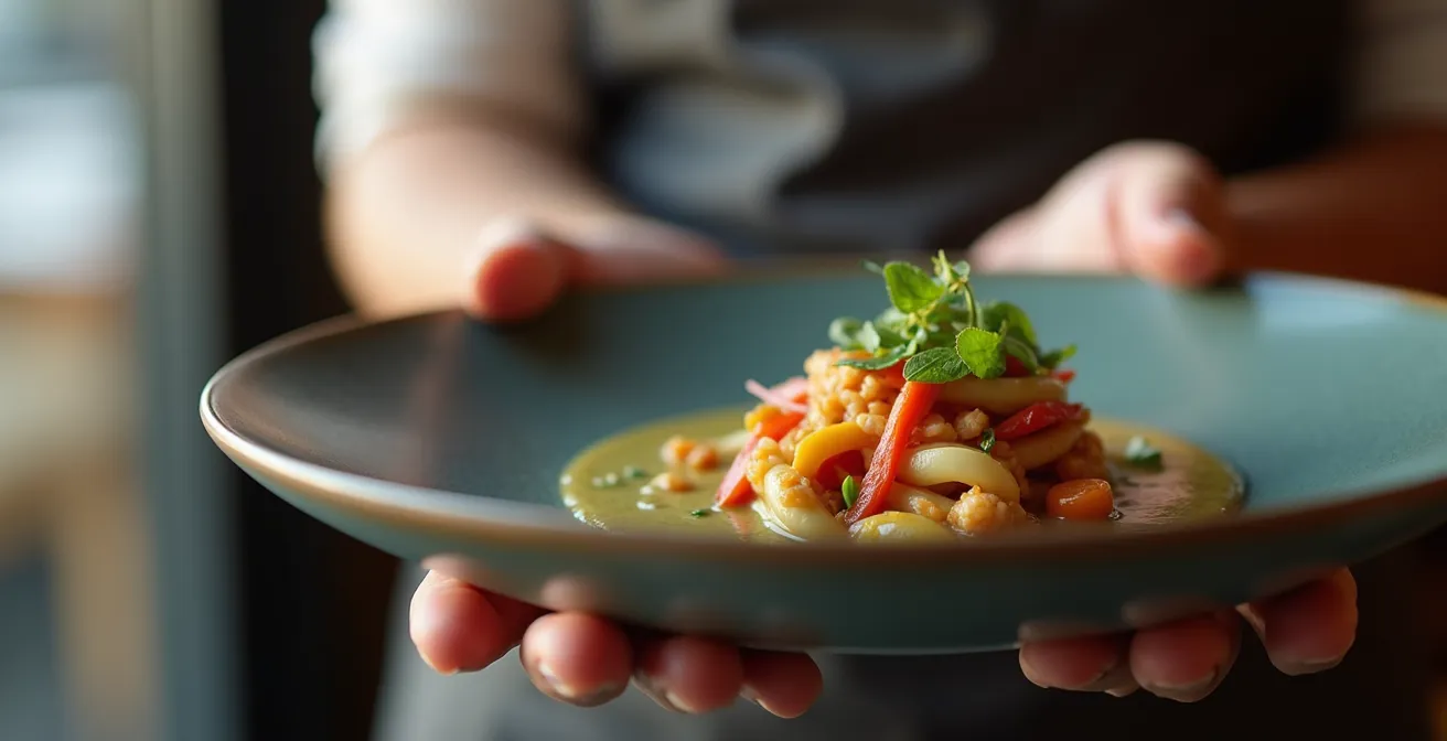 Main de serveur tenant une assiette en grès épaisse avec plat gastronomique