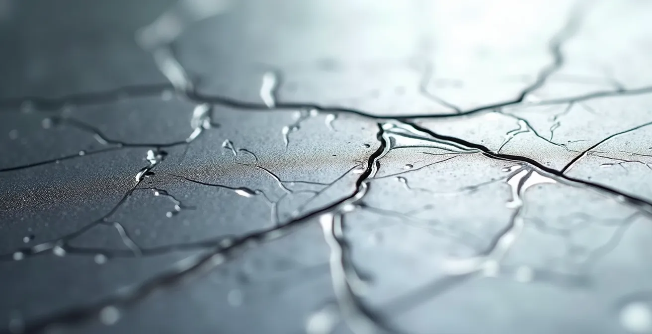 Vue macro de micro-rayures sur surface argentée avec jeux de lumière