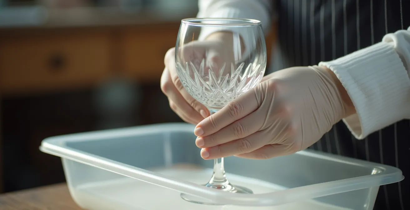 Mains expertes nettoyant délicatement un verre en cristal dans une cuvette