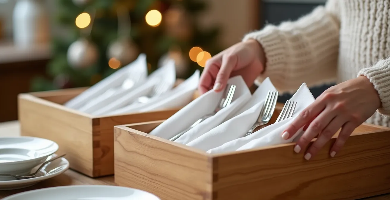 Système de rangement vertical pour pliages de serviettes préparés à l'avance