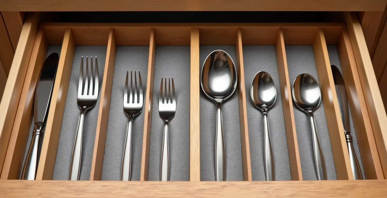 Tiroir à couverts avec séparateurs en bambou montrant l'organisation optimale en alternance tête-bêche