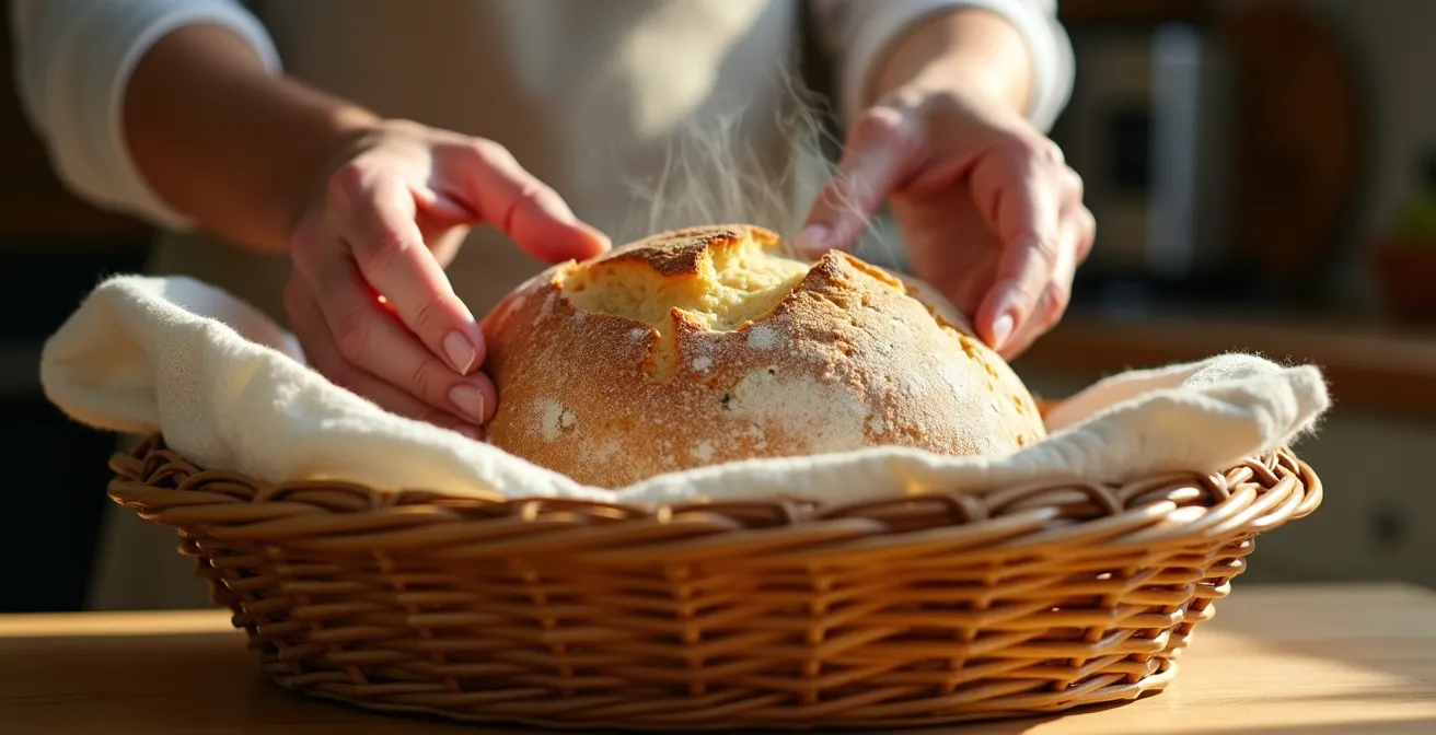 Pain de campagne croustillant dans corbeille osier tressé avec ventilation naturelle