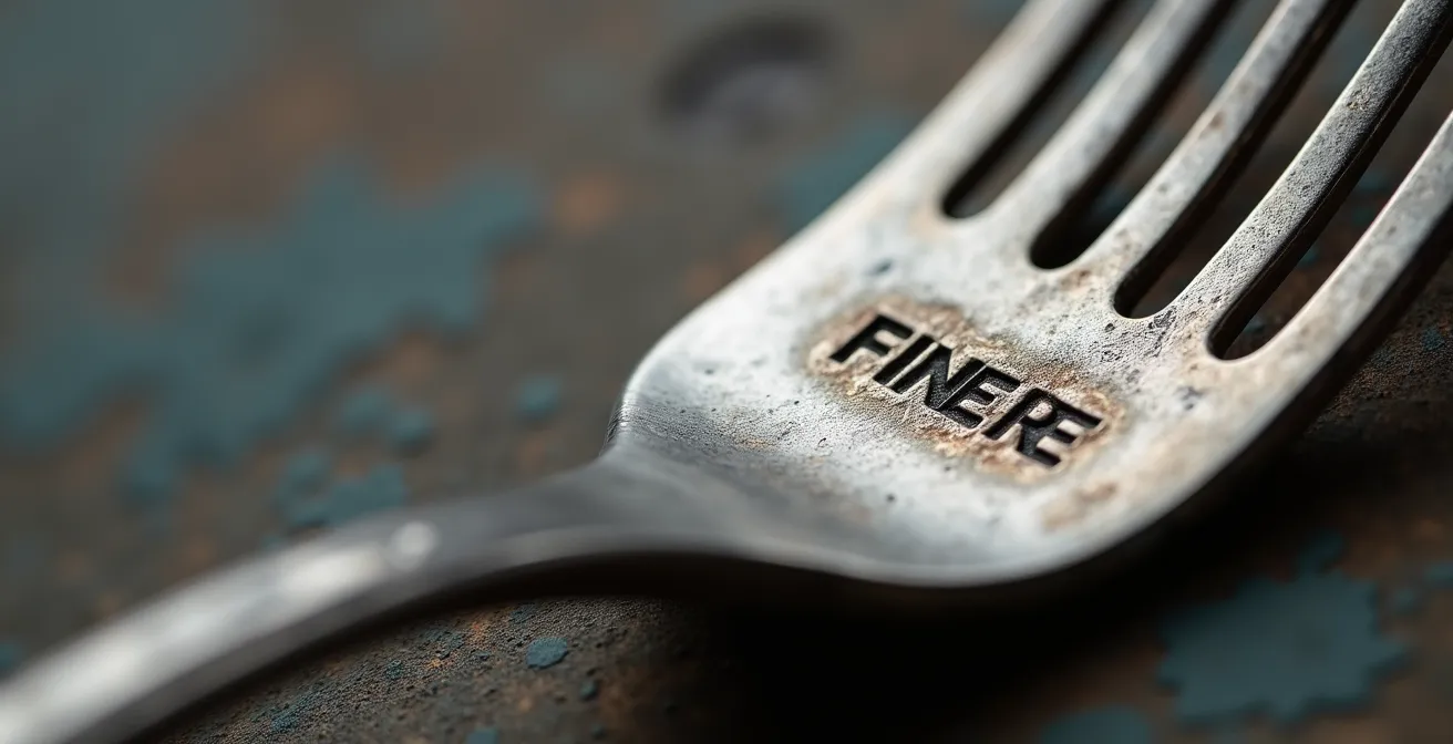 Photographie macro montrant les détails de poinçons sur une fourchette en argent ancien