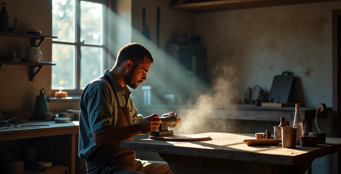 Artisan meulant délicatement le bord d'un verre en cristal
