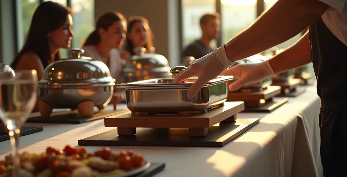 Buffet professionnel avec chafing dishes sur supports protecteurs élégants
