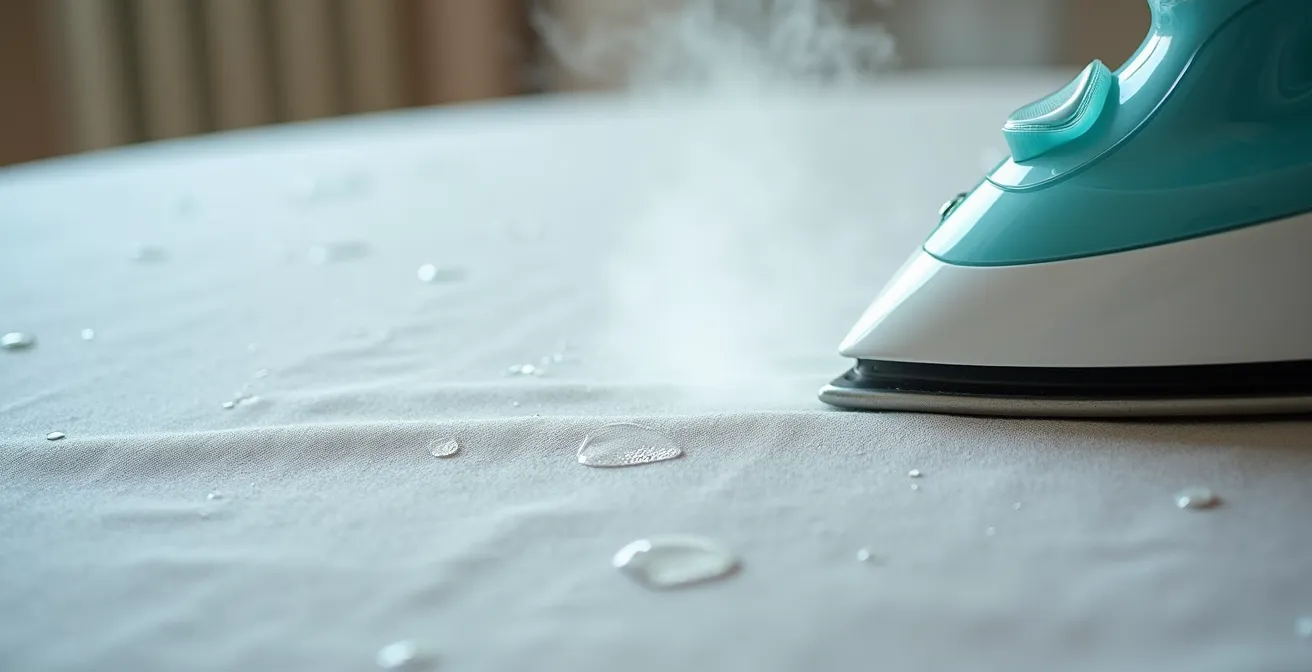 Gros plan sur un fer à repasser passant délicatement sur l'envers d'une nappe enduite, vapeur visible