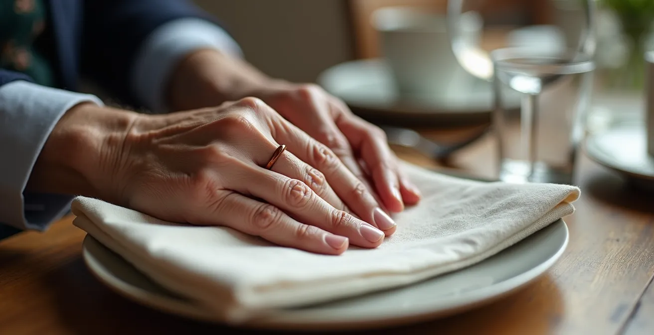 Mains âgées touchant délicatement une serviette en lin ultra-douce sur une table dressée