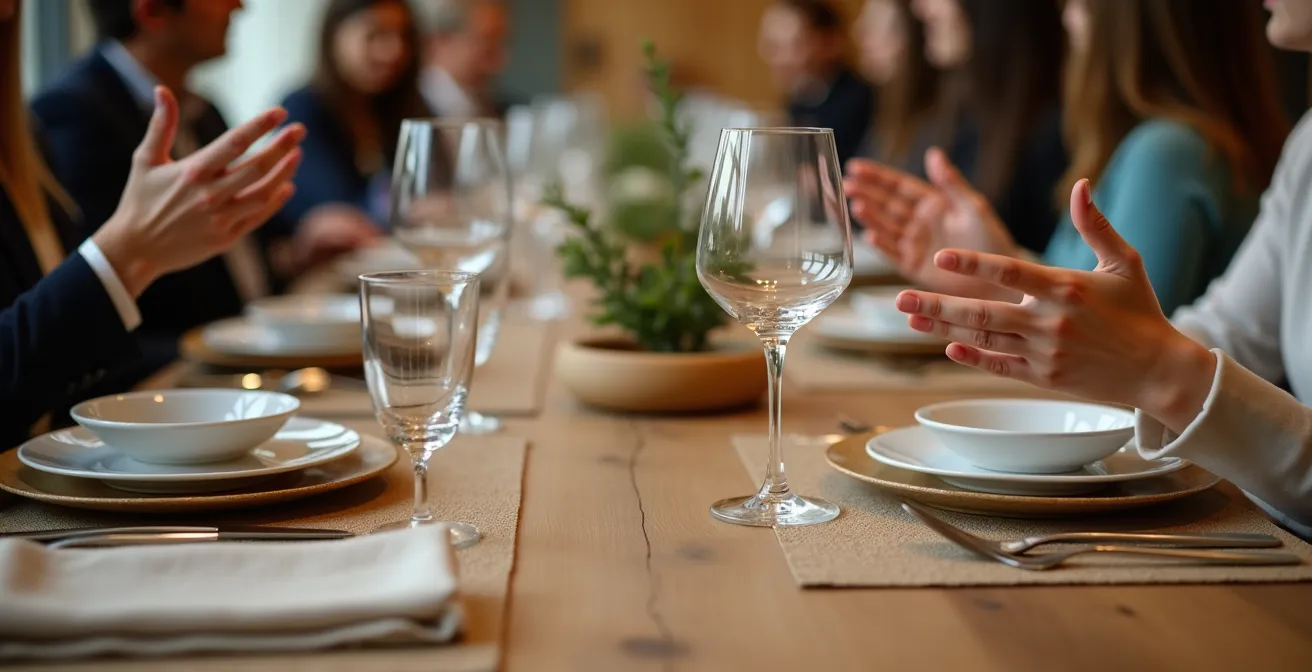 Vue aérienne d'une table montrant les zones de service et de conversation bien définies