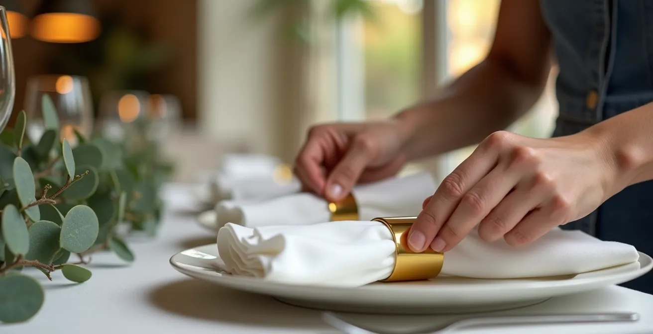 Vue rapprochée d'une table avec accessoires dorés et eucalyptus