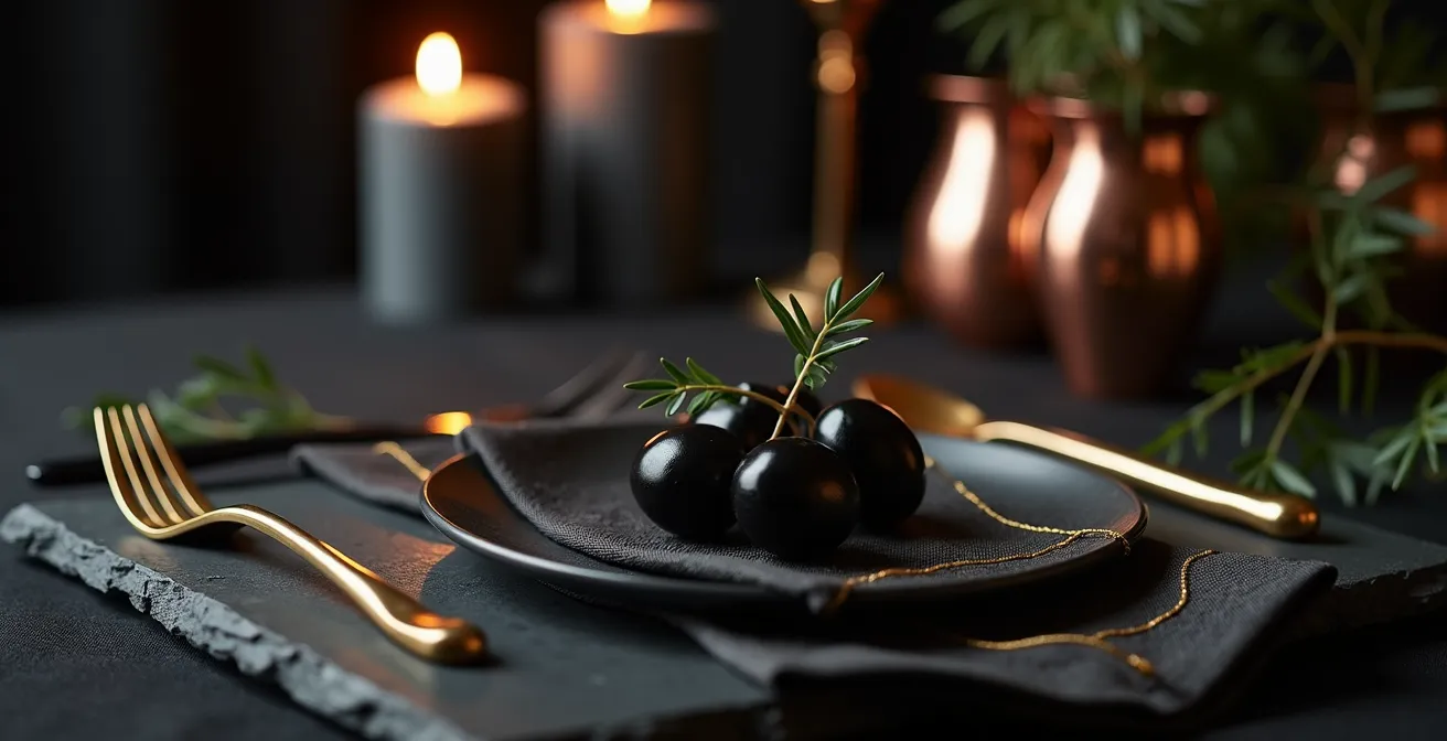 Table élégante avec déclinaison or et noir à travers matières naturelles et jeux de lumière