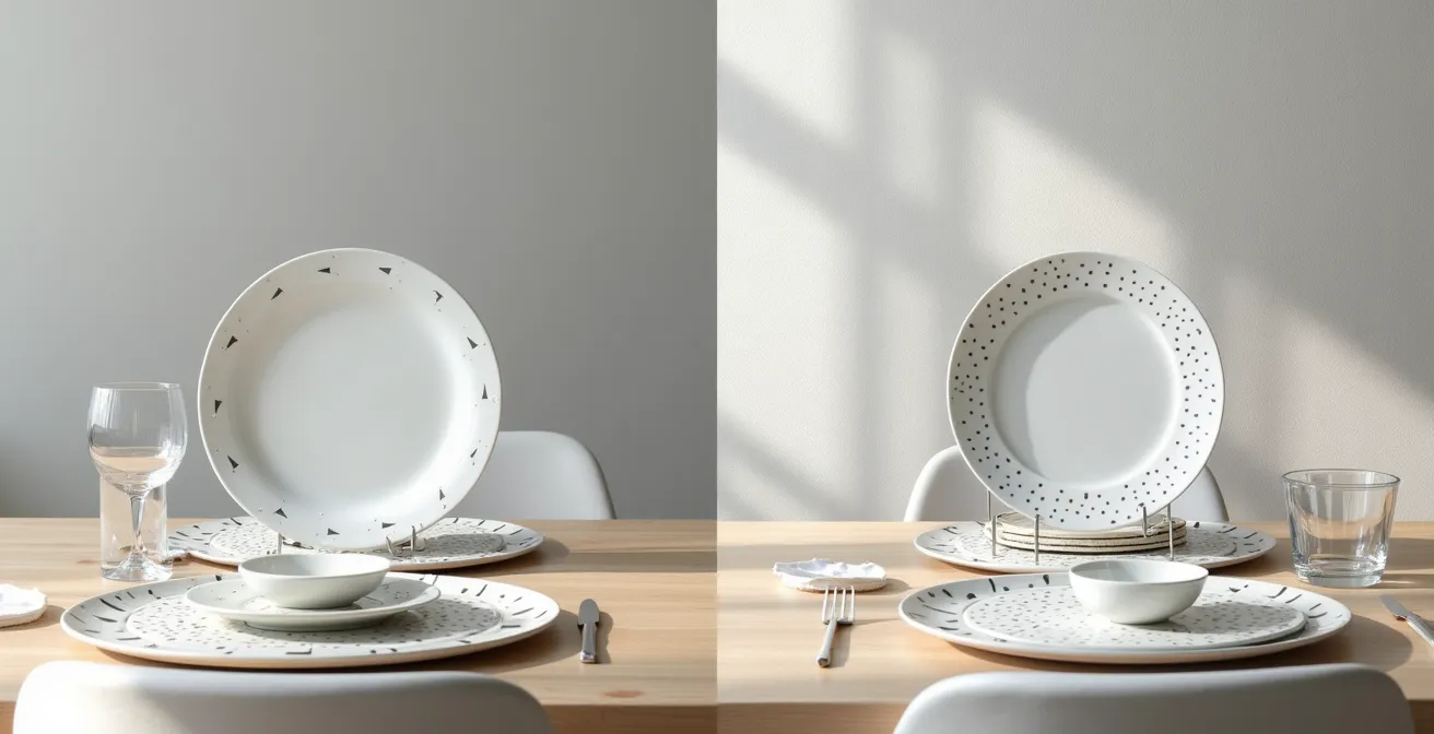 Comparaison côte à côte de deux tables dressées avec motifs triangulaires et circulaires