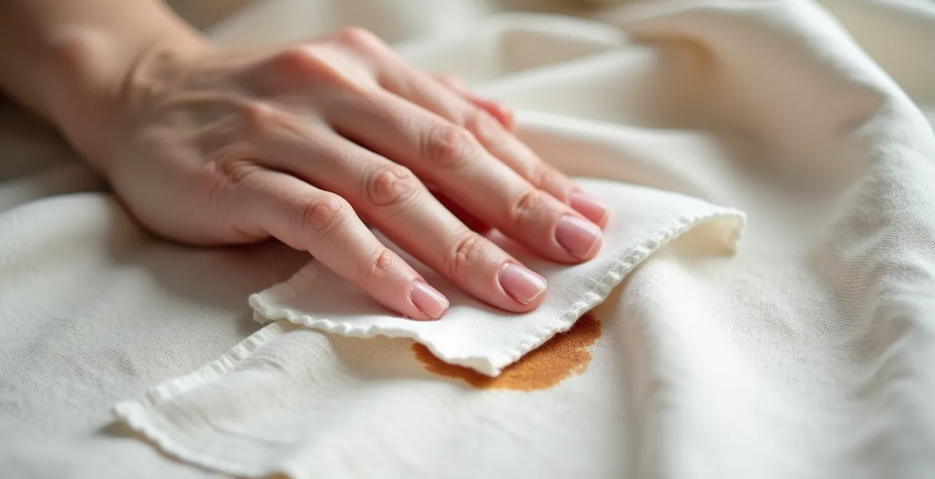 Gros plan sur une main tamponnant délicatement une tache sur du lin avec un tissu blanc