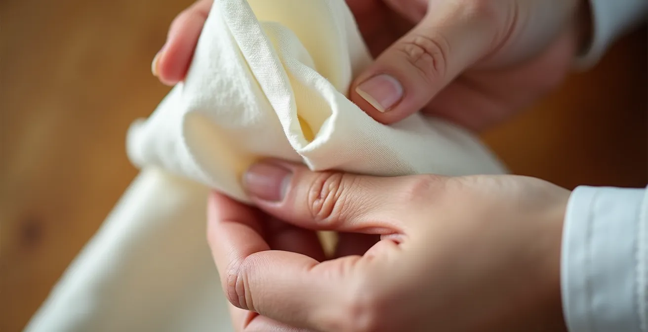 Mains expertes réalisant le pliage fleur de lotus sur serviette