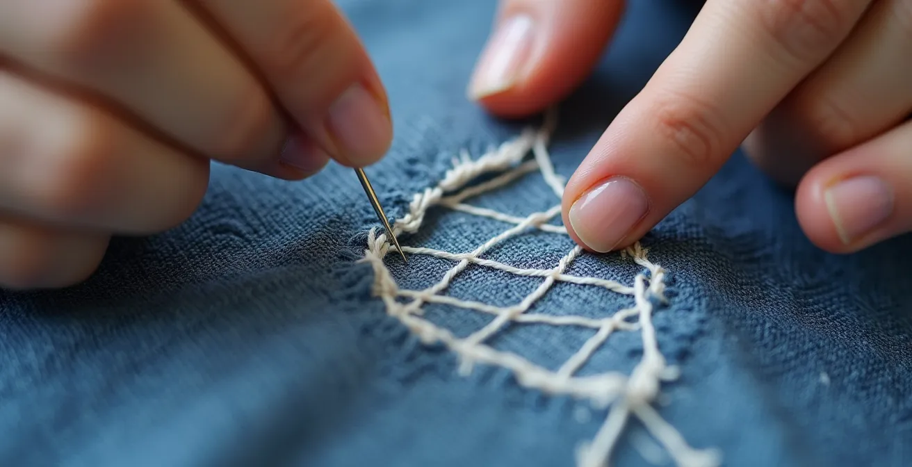 Gros plan sur des mains brodant un motif sashiko géométrique sur une nappe en lin avec fil blanc