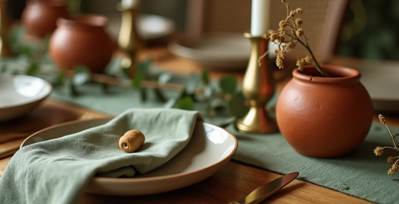Table de salle à manger décorée avec des accessoires d'automne suivant la capsule déco saisonnière
