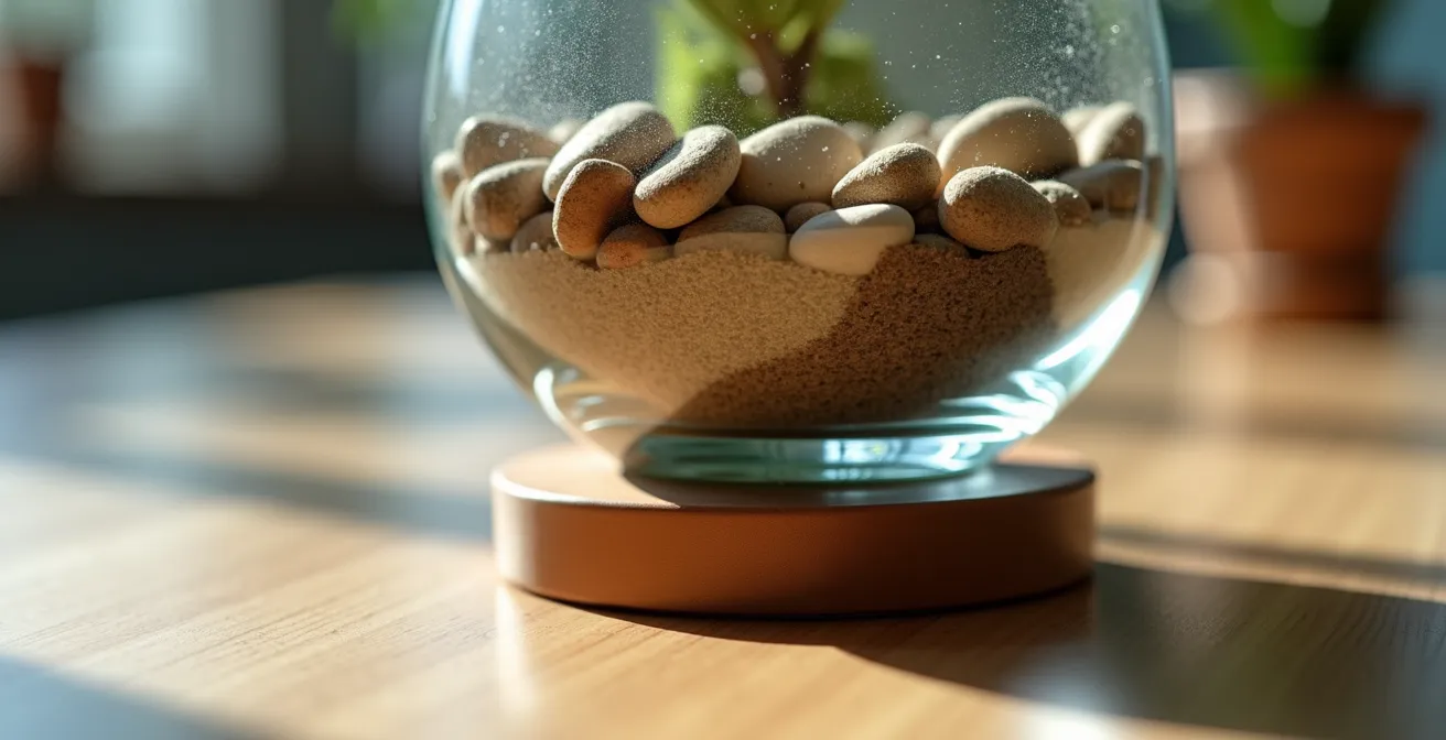 Vase lesté avec base large sur table de service montrant les techniques de stabilisation