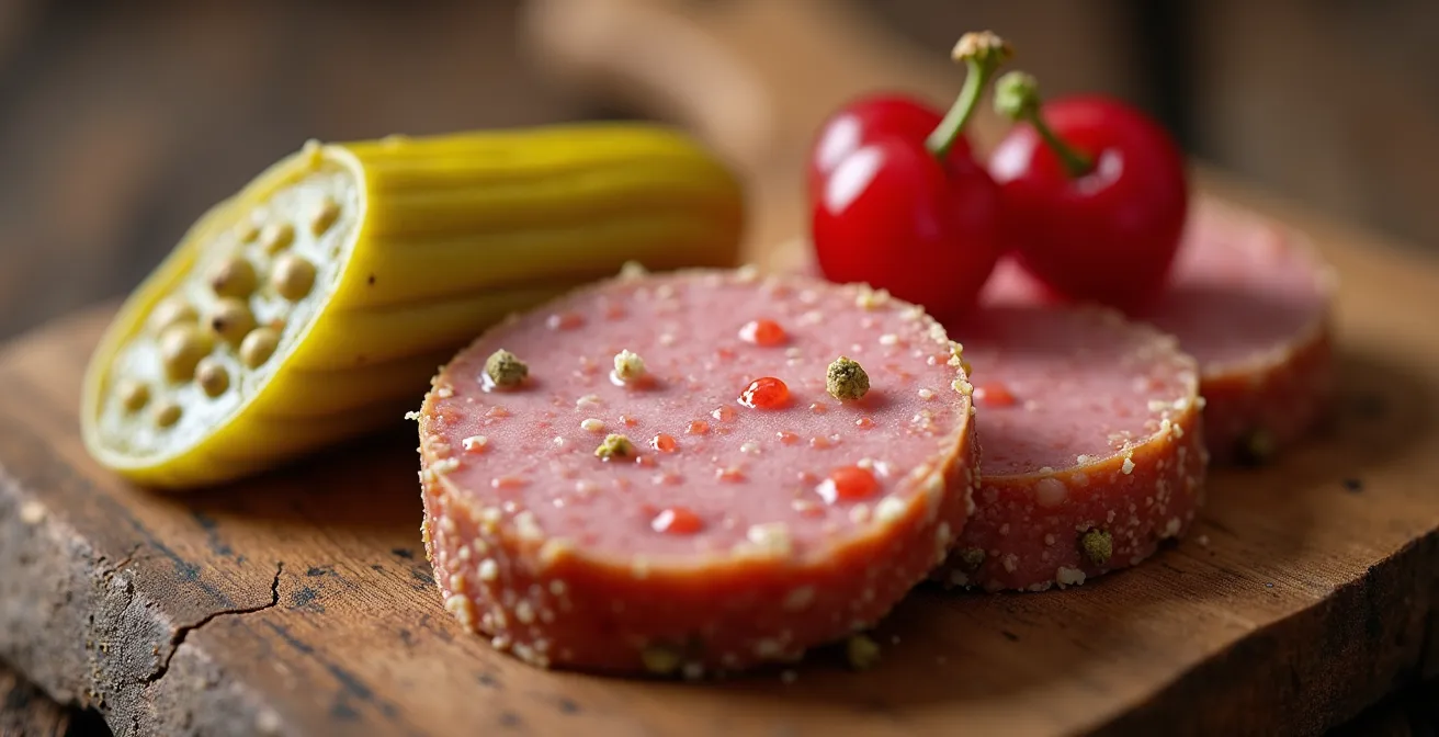 Macro détaillée de pâté avec accompagnements sucrés et acides