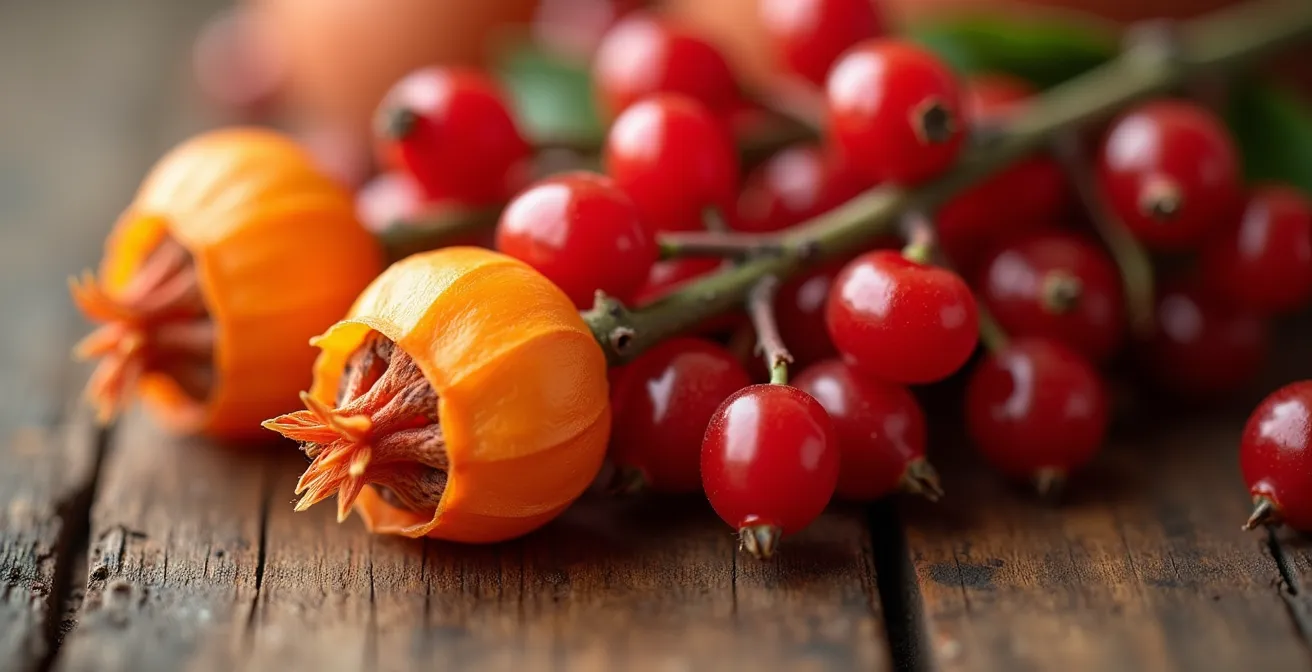 Arrangement de branches avec physalis, groseilles et mini-grenades comme alternatives sûres aux baies toxiques
