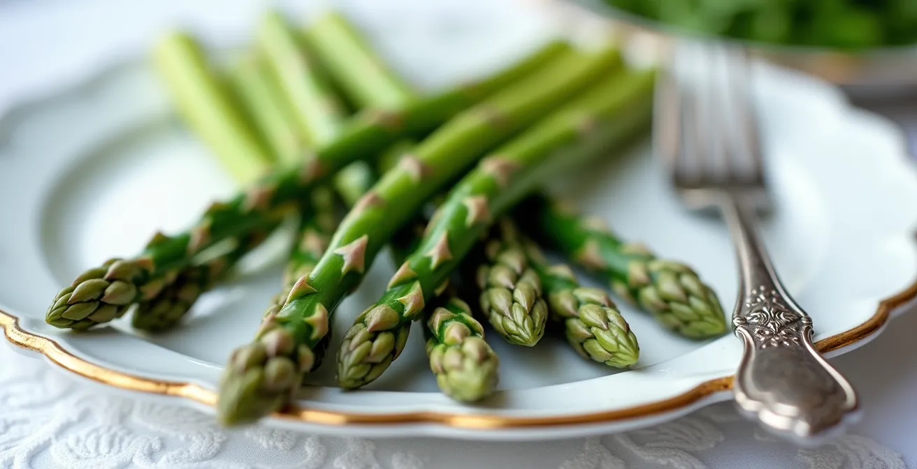 Asperges vertes fraîches disposées sur assiette fine avec couverts en argent